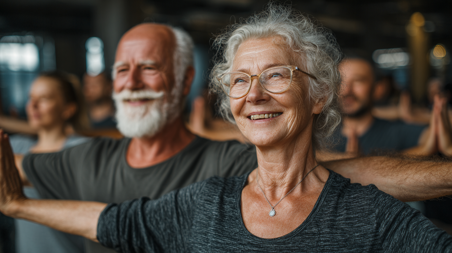 Група старших людей на заняттях йогою